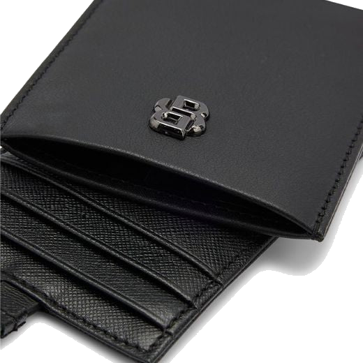 This 'B' Icon Neck Card Case in Black Leather by BOSS has a polished gunmetal logo on the front of the case for branding.