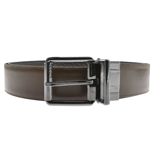This 'B' Monogram Reversible Leather Orrol Belt, Black & Brown has the BOSS brand name engraved along the edge of the pin buckle fastening.