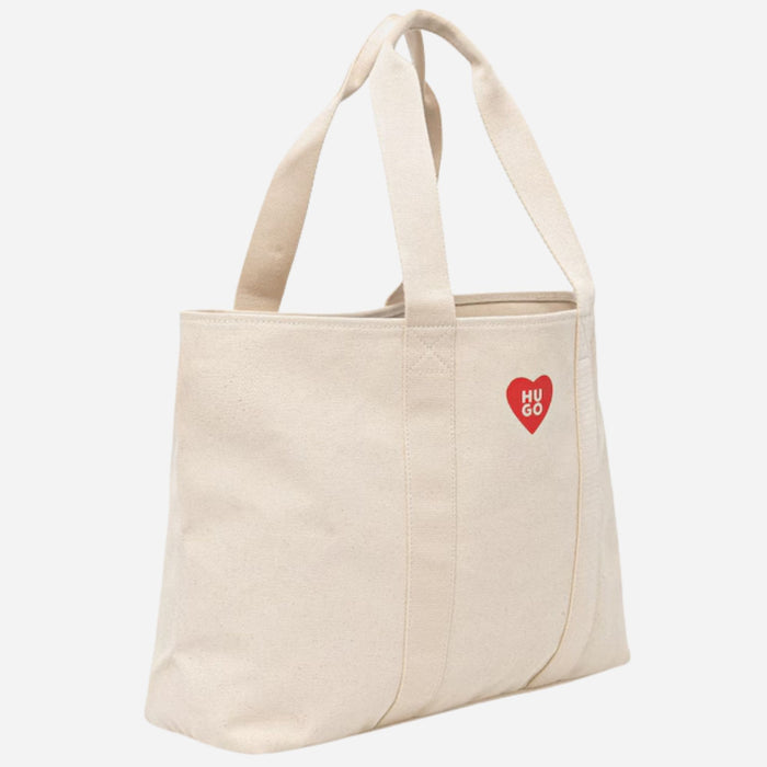 Side view of the BOSS Becky Beige Tote with Hugo Heart Logo.