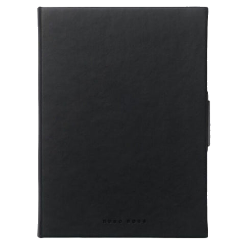 The front cover of the black A6 notepad by Hugo Boss.