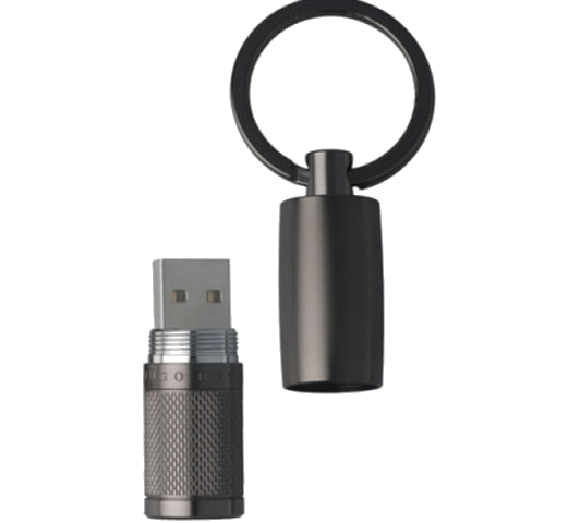 The dark chrome-plated brass USB stick inside the keyring by Hugo Boss.
