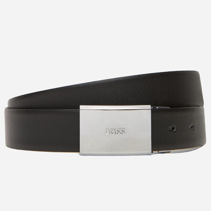 The plaque buckle and black leather option from the BOSS Black and Brown Reversible Gert-D Gb35 Plaque and Pin Buckle Belt.