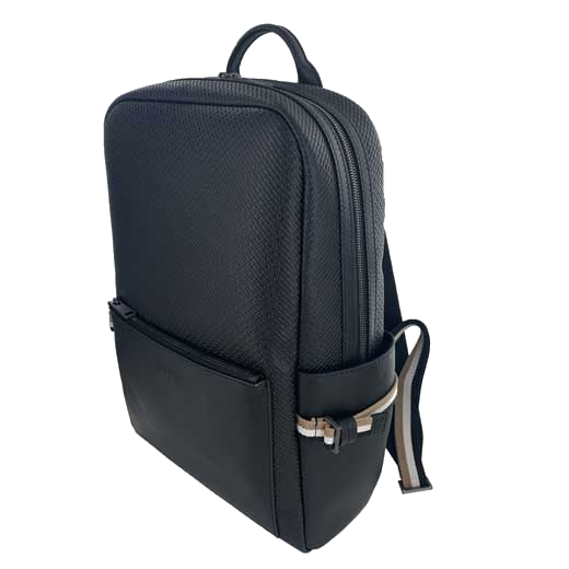 This Hugo Boss men's black leather backpack comes with a striped design on the side.