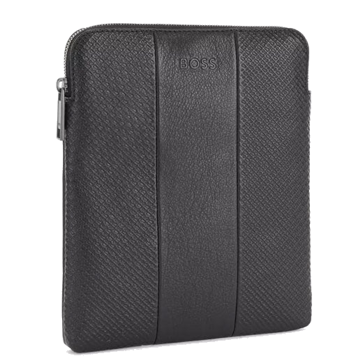 BOSS's Black City Monogram Envelope Bag features an internal zip pocket.