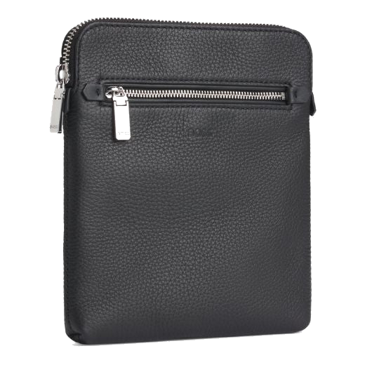 This Black Crosstown Grained Leather Envelope Bag by BOSS has a front zip pocket along with the main zip compartment.