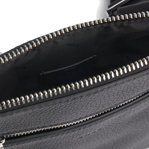 This Black Crosstown Grained Leather Envelope Bag has a polyester lining with the BOSS brand name and contains two small open pockets.