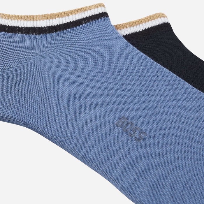 Close up of the BOSS Blue Cotton Ankle Socks With Signature Stripe Set of 2.