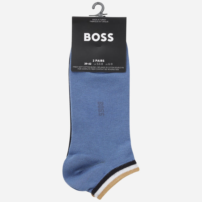 The packaging for the BOSS Blue Cotton Ankle Socks With Signature Stripe Set of 2.