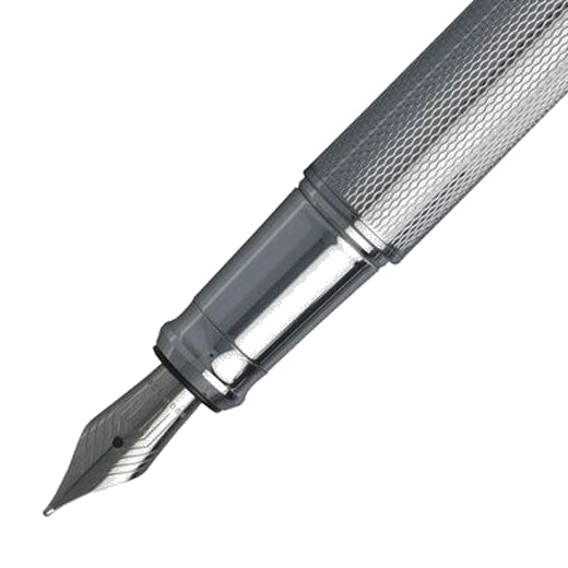 Close up of the stainless steel engraved nib on the Hugo Boss chrome Bold fountain pen.