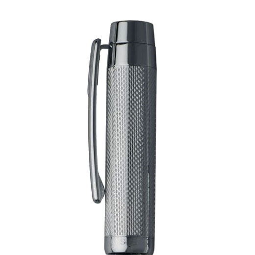 Hugo Boss chrome-plated Bold fountain pen close up of the engraved cap.