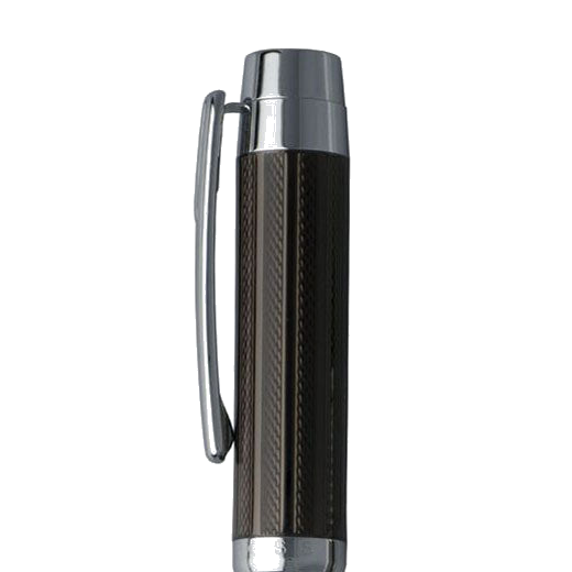 Hugo Boss Bold dark chrome plated rollerball pen cap close up.