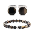 This BOSS Brown Beaded Bracelet and Cufflinks Set is made out of cattle horn and brass that has a polished silver finish.