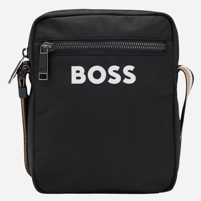 The BOSS Catch 3.0 Black NS Zip Top Cross Body Bag with Raised White Logo by BOSS.