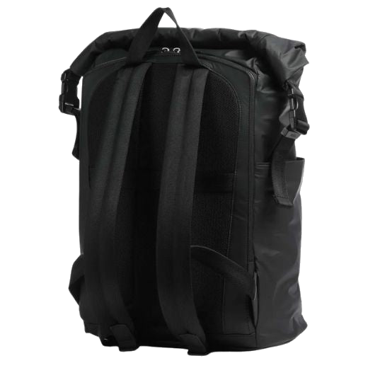 The back of the Catch EVO Black Rolltop Backpack features padded, adjustable shoulder straps, a trolley strap, and a grab handle.