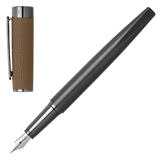 This Hugo Boss Corium Chrome Fountain Pen Camel is made with brass and vegan PU leather that has a soft-grain feel.