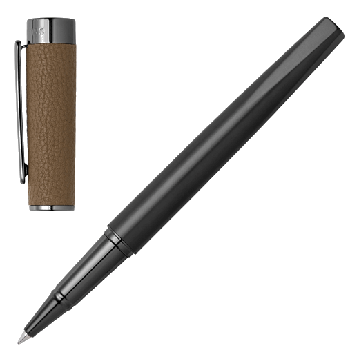 This Corium Chrome Rollerball Pen Camel by Hugo Boss has soft-grain vegan PU leather on the cap that is in a camel colour.