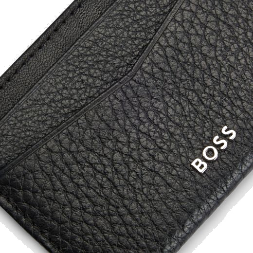 This BOSS Crosstown 4CC Grained Black Leather Card Holder has the brand name on the front in polished silver lettering for subtle branding.