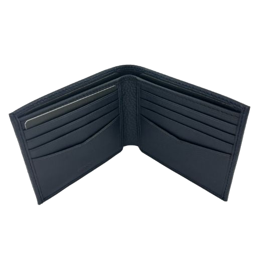 The BOSS Crosstown 8CC Navy Grained Leather Bifold Wallet has 8 card slots inside the bifold with two slip pockets and a full length banknote compartment so you can stay organised.