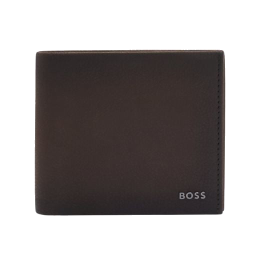 This Crosstown Bifold Grained Brown Leather 8CC Wallet by BOSS has the brand name in polished gunmetal lettering in the corner.