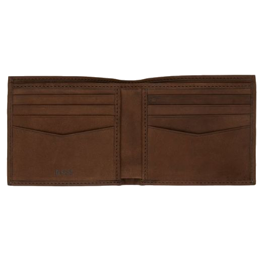 This BOSS Crosstown Bifold Grained Brown Leather 8CC Wallet has a bifold interior with card slots on either side and extra slip pockets.