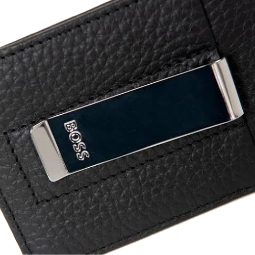This BOSS Crosstown Black Leather Card Holder & Money Clip has a polished brass money clip that is engraved with the BOSS brand name towards the bottom.