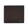 This BOSS Crosstown Grained Leather Brown 4CC Coin Wallet has polished gunmetal lettering on the front with the brand name.