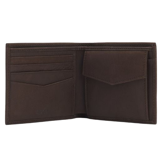 This Crosstown Grained Leather Brown 4CC Coin Wallet by BOSS has a bifold with card compartments on one side and the coin pouch on the other.