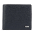 This BOSS Crosstown Navy Bifold Grained Leather 4CC Coin Wallet has a pocket for coins and 4 card slots inside the bifold.