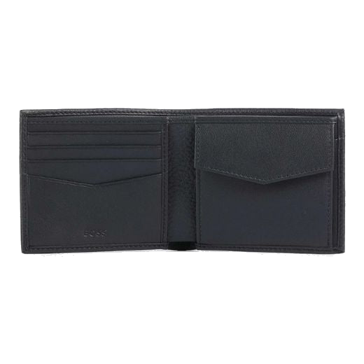 The BOSS Crosstown Navy Bifold Grained Leather 4CC Coin Wallet has a mix of smooth leather and grained leather inside the bifold.