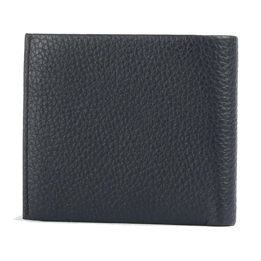 This Crosstown Navy Bifold Grained Leather 4CC Coin Wallet by BOSS has the brand lettering in the front corner in polished silver.