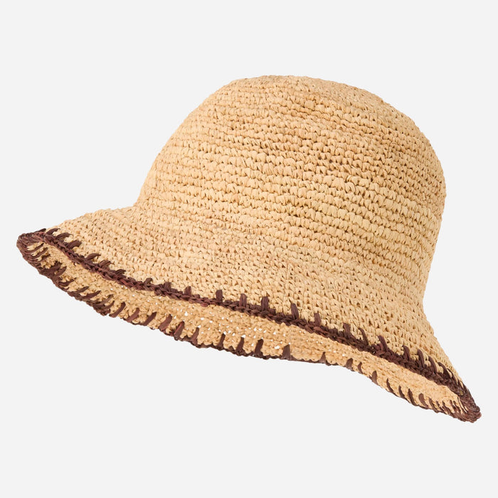 Back view of the BOSS Danika CR Beige and Brown Woven Hat with Metal Logo.