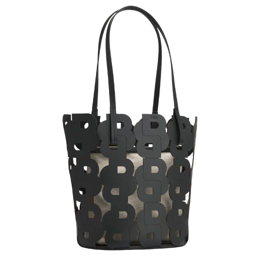 The BOSS Double 'B' Monogram Black Leather Tote Bag & Pouch has thin leather strap handles in matching black.