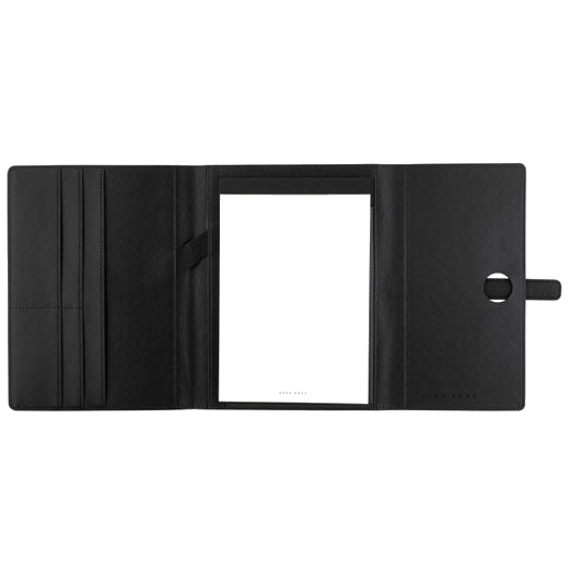 This Hugo Boss Executive A5 Folder features a leather strap closure.