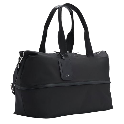 The detachable shoulder strap on this BOSS Expandable Highway Black Holdall in Recycled Polyester allows you to travel comfortably and wear it in multiple ways.