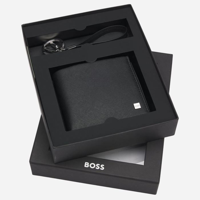 The gift box for the BOSS GB Black Leather Logo-Plate-Trimmed Wallet and Key Ring Gift Set.