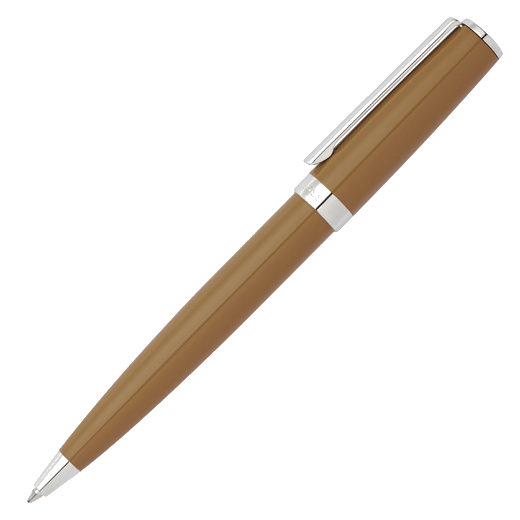 This Gear Icon Camel & Chrome Ballpoint Pen by Hugo Boss is made with brass and lacquer.