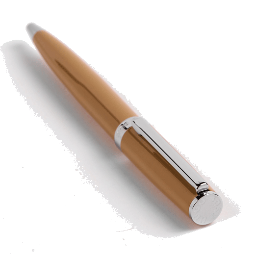 This Hugo Boss Gear Icon Camel & Chrome Ballpoint Pen is made with lacquer and brass.