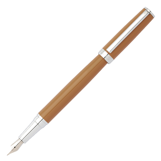This Gear Icon Camel & Chrome Fountain Pen by Hugo Boss has the brand name on the cap in engraving.