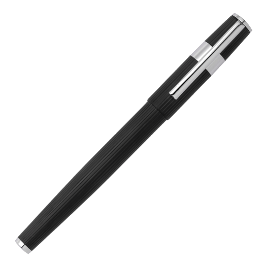This Hugo Boss Gear Pinstripe Fountain Pen Black and Chrome has a silver band on the cap with the brand name engraved.