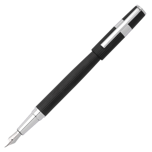This Hugo boss Gear Pinstripe Fountain Pen Black and Chrome has a pinstripe design down the cap and barrel with chrome fittings.