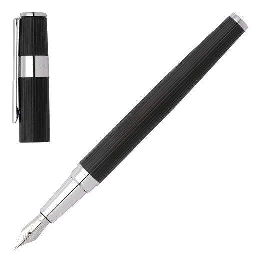 Gear Pinstripe Fountain Pen Black and Chrome by Hugo Boss can be engraved on the clip at the time of purchase.