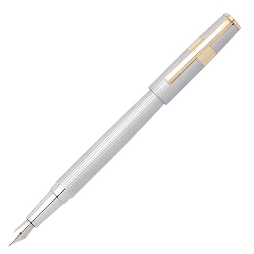 This Gear Pinstripe Fountain Pen Silver & Gold by Hugo Boss has a gold band around the cap to match the gold clip.