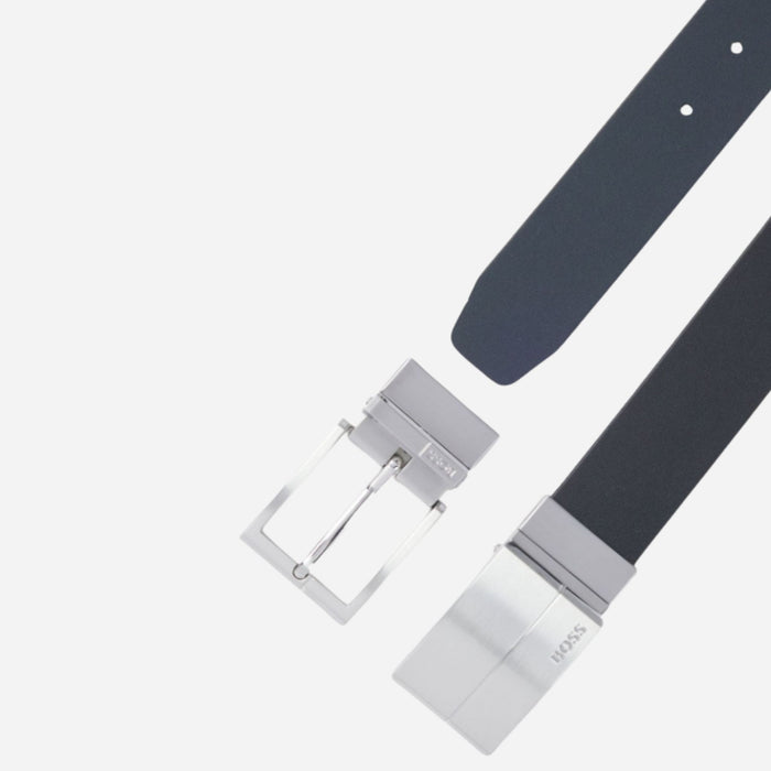 Both buckle and leather options for the BOSS Geppy Soft Reversible Black & Navy Blue Leather Plaque & Pin Buckle Belt.