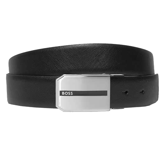 This BOSS black leather belt comes with two interchangeable buckles.
