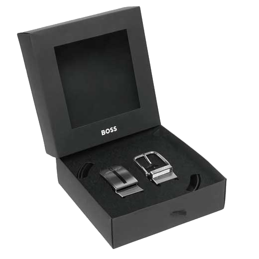 BOSS Ginn Reversible belt set comes in its own bespoke black gift box.