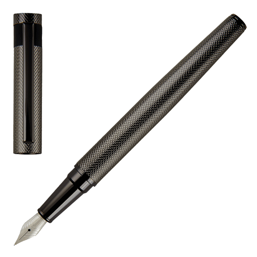 This Gunmetal Loop Diamond Fountain Pen by Hugo Boss is made of brass.