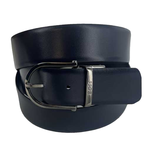 This Hugo Boss men's leather belt comes with a smooth blue side.
