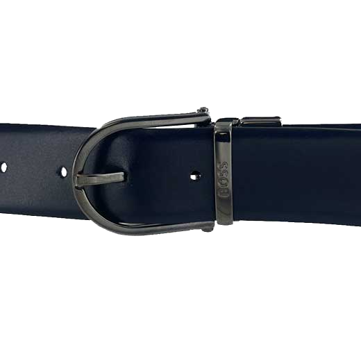The BOSS brand name has been engraved onto the gunmetal buckle of this belt.