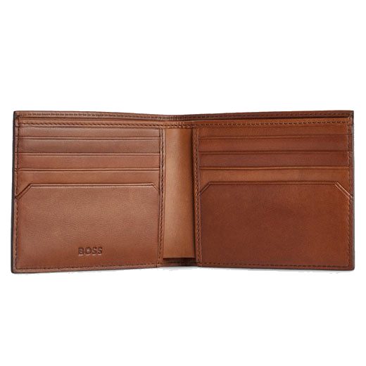 This BOSS Highway 8CC Brown Leather Bifold Wallet has 8 card slots inside the bifold with a banknote compartment and two slip pockets.