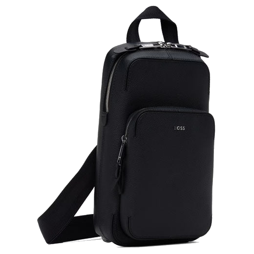 The lining inside this Highway Monostrap Faux Leather Sling Bag by BOSS has the brand name all over with a small flag for branding with the three-stripe colours.
